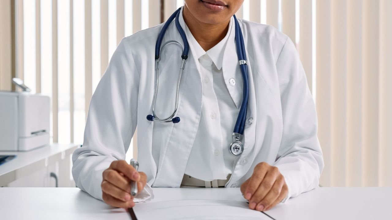 A doctor with a stethoscope writing notes at a desk