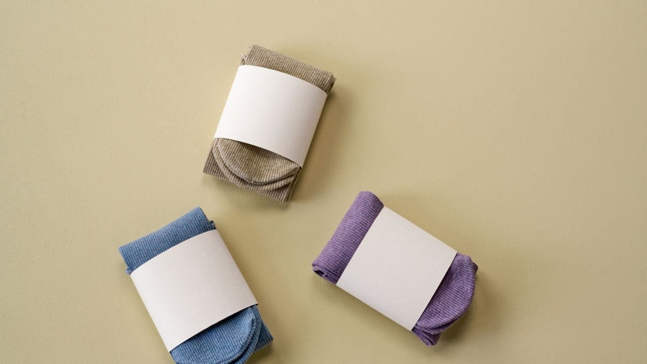 Three pairs of folded socks on a soft yellow background
